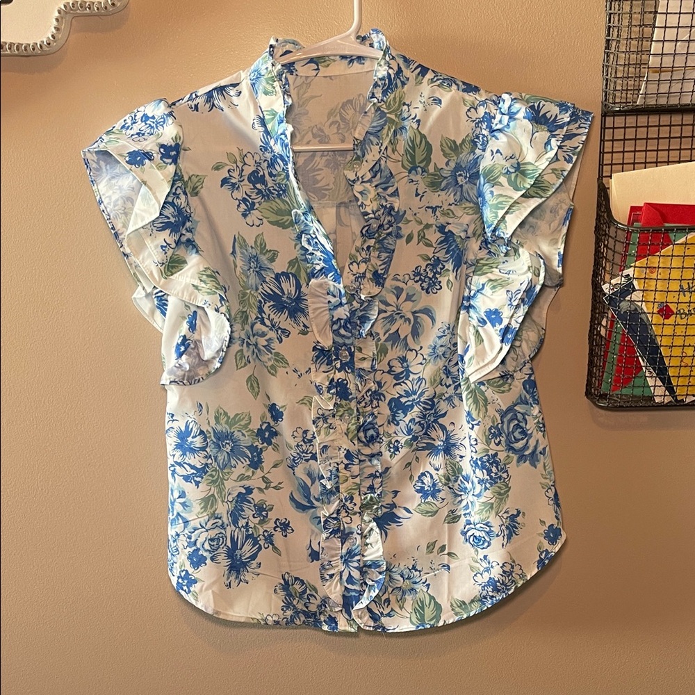 SHEIN White Floral Ruffle Sleeve Blouse with Blue & Green Print